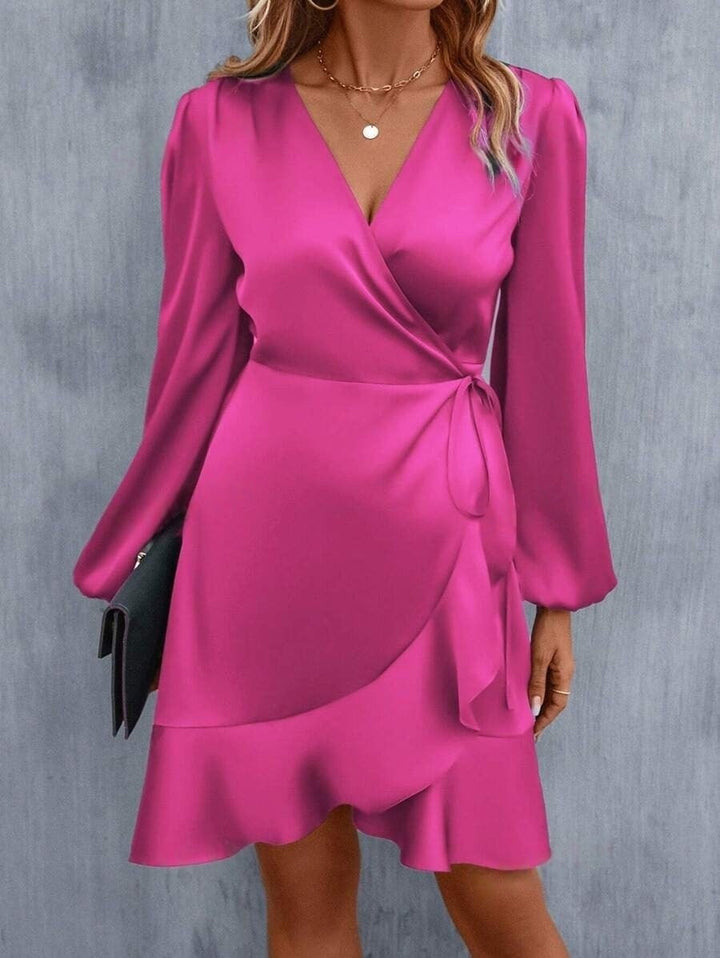 V-Ausschnitt Kleid Satin Taille Eng Niedrig Ausschnitt Lässig Midi Kleid Süß Frauen Kleidung
