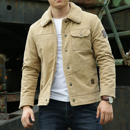 Herren Sherpagefütterte Canvas‑Truckerjacke mit Teddyfutter und Hemdkragen Nord Taschen