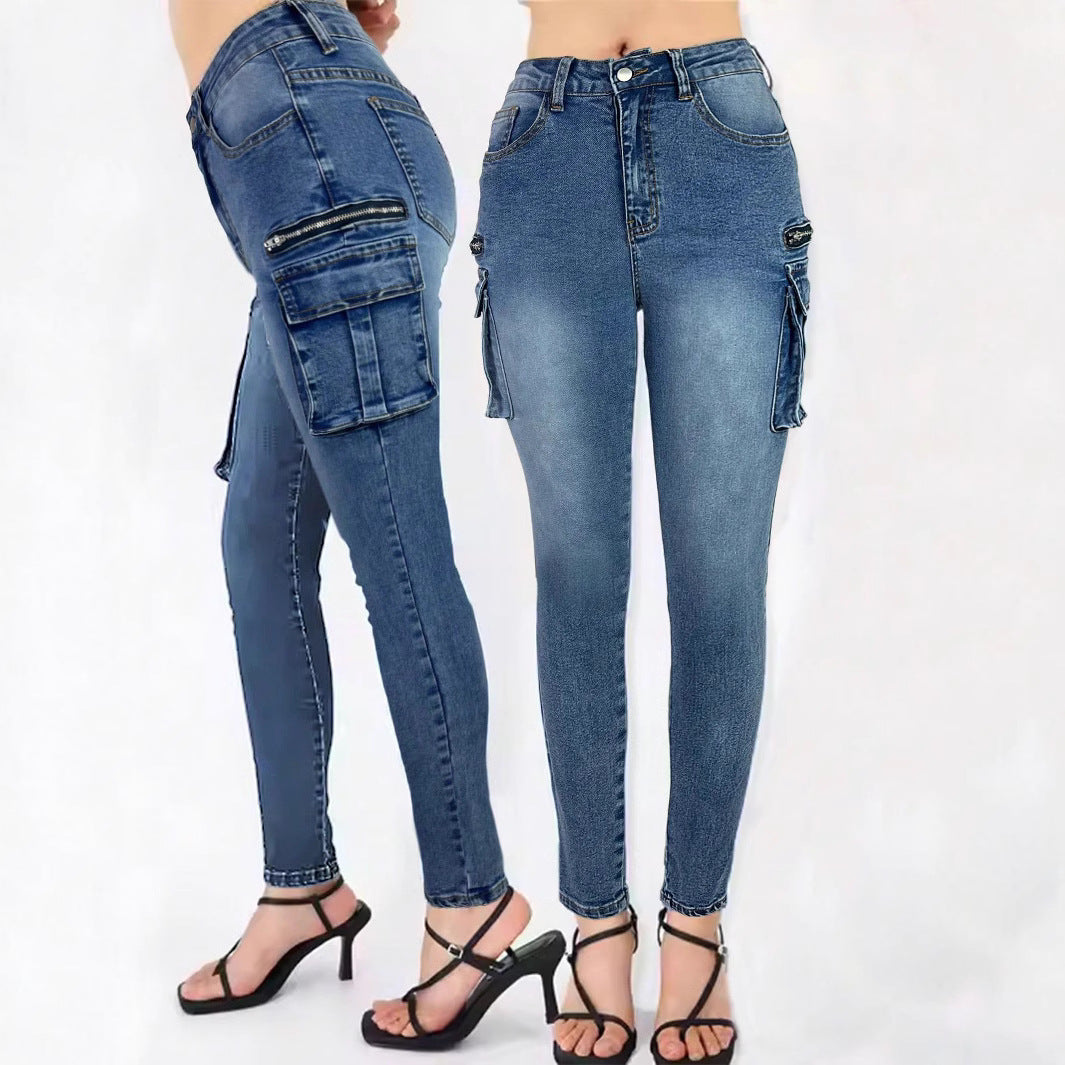 Damen High‑Waist Slim‑Cargo‑Jeans mit Klappentaschen und Reißverschluss-Details Nord Taschen