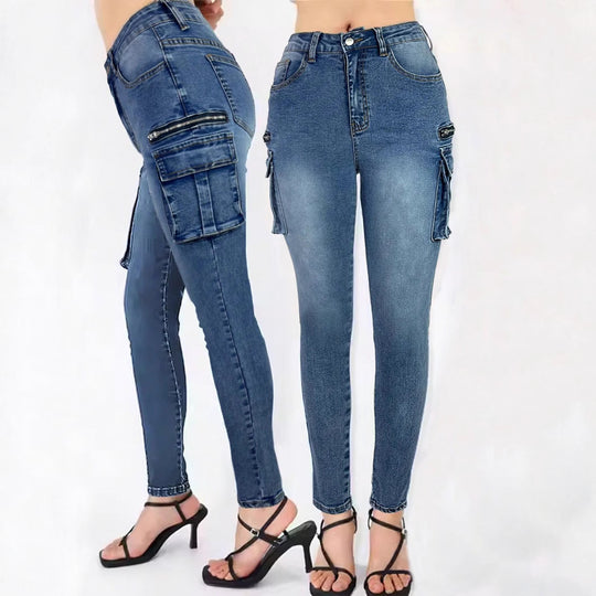 Damen High‑Waist Slim‑Cargo‑Jeans mit Klappentaschen und Reißverschluss-Details Nord Taschen