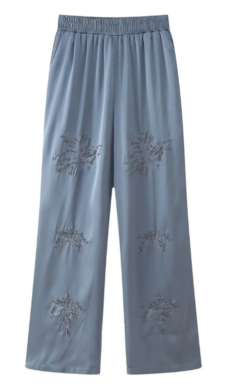 Damen bestickte Seidenoptik-Bluse mit funkelnden Kristallapplikationen und Hemdkragen Nord Taschen