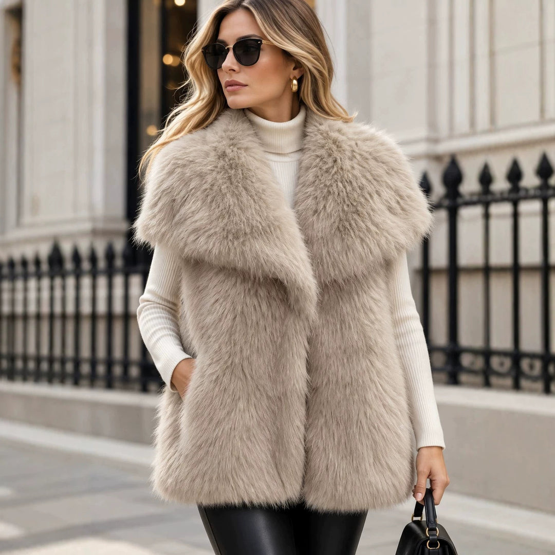 Damen Ärmellose Luxus‑Faux‑Fur‑Weste mit extraweichem Langflor und übergroßem Schalkragen Nord Taschen