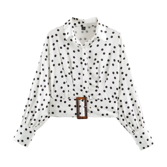 Damen Gepunktete Cropped-Hemdbluse mit breitem Taillengürtel und Ballonärmeln Nord Taschen