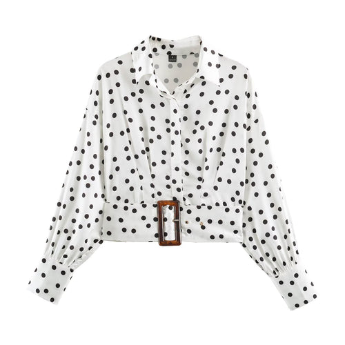 Damen Gepunktete Cropped-Hemdbluse mit breitem Taillengürtel und Ballonärmeln Nord Taschen