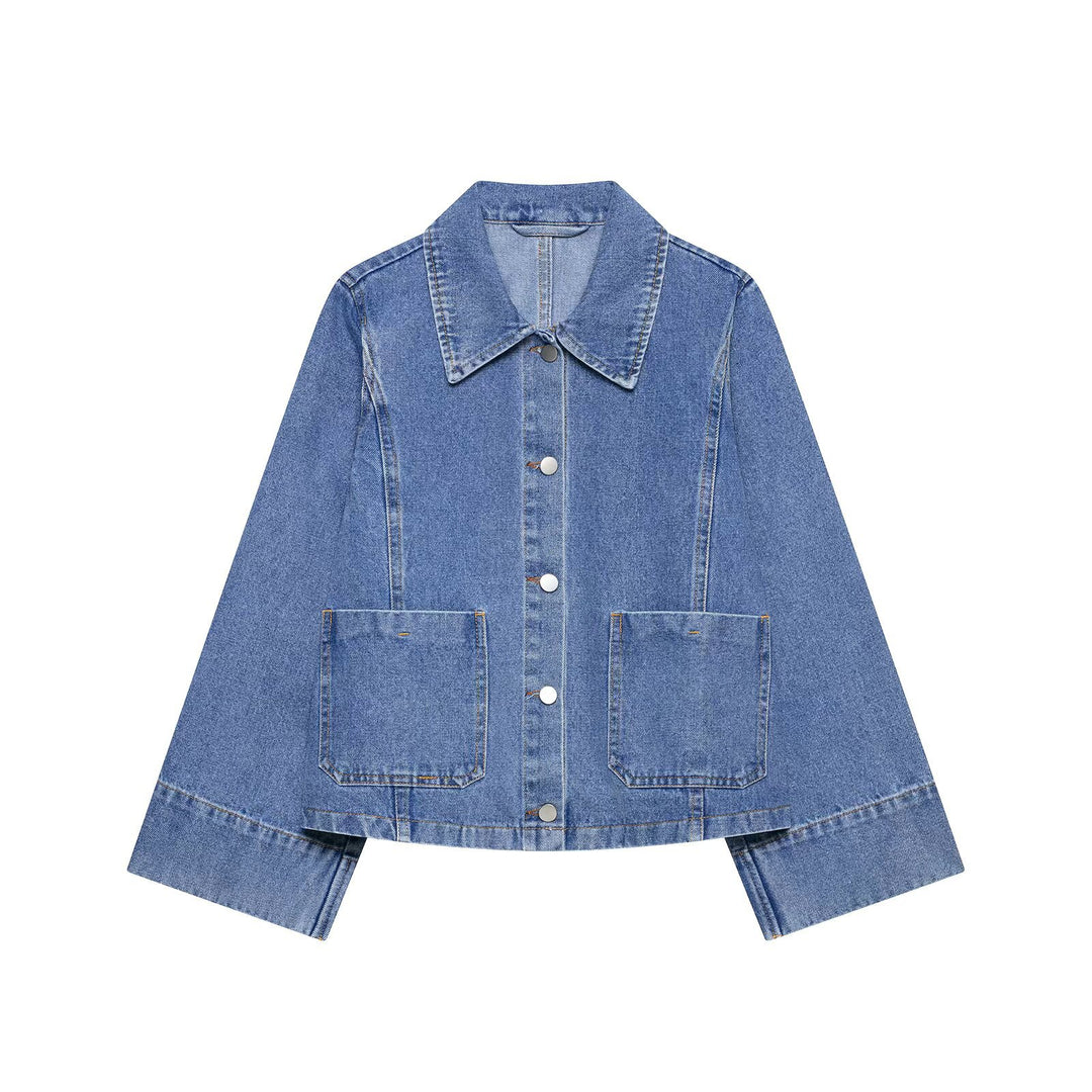 Damen Oversize-Jeansjacke mit Hemdkragen und großen aufgesetzten Taschen Nord Taschen