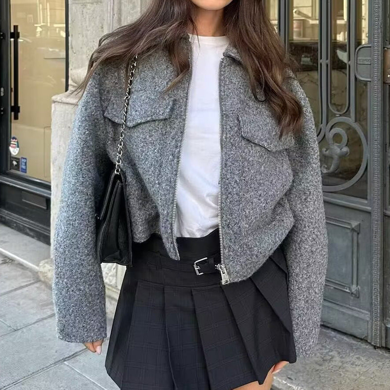 Damen Kurzgeschnittene Sherpa-Jacke mit Reißverschluss und aufgesetzten Pattentaschen Nord Taschen