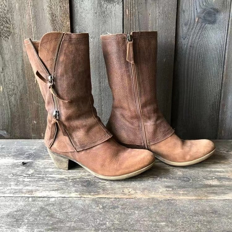 Damen Knöchel- bis wadenhohe Reißverschluss-Stiefel mit dekorativem Metallreißverschluss und niedrigem Blockabsatz Nord Taschen