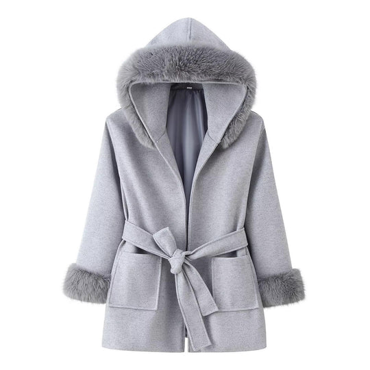 Damen Kapuzen-Wollmix-Mantel mit Bindegürtel und Faux-Fur-Besatz Nord Taschen