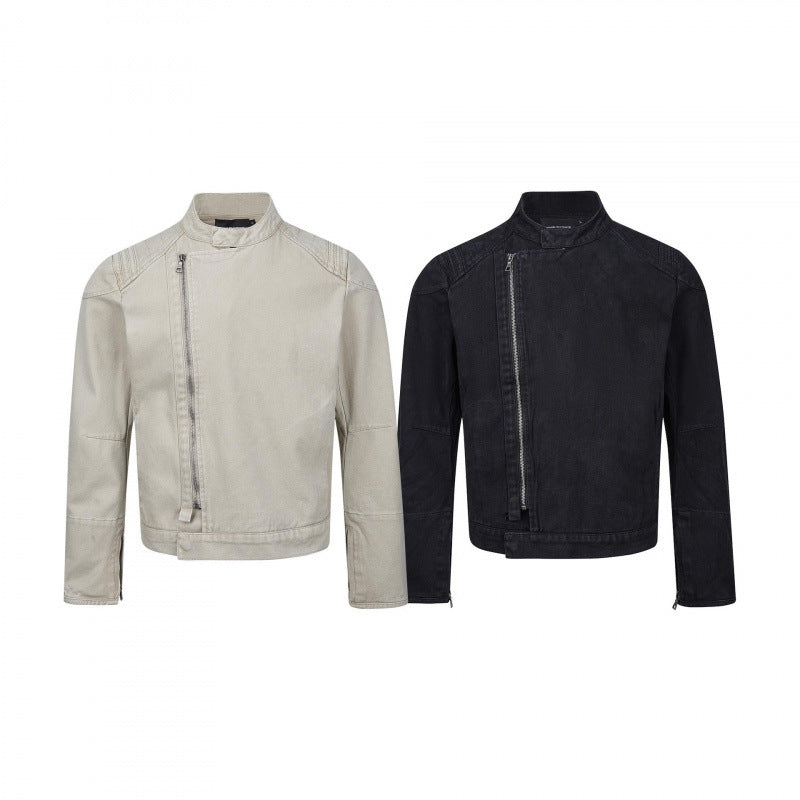 Herren Asymmetrische Kurzjacke im Biker-Stil mit Stehkragen und schrägem Metallreißverschluss Nord Taschen