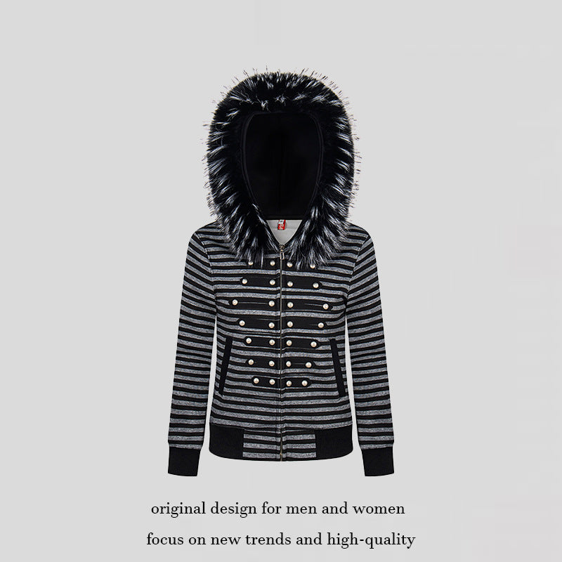 Damen Kapuzen‑Sweatjacke mit Kunstfellbesatz und militärischer Zierknopfreihe Nord Taschen