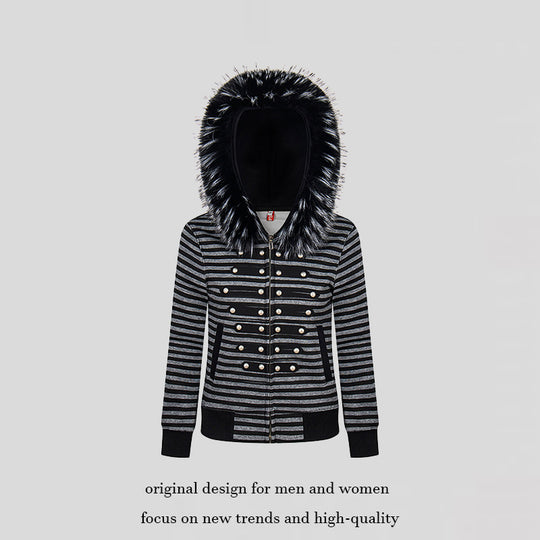 Damen Kapuzen‑Sweatjacke mit Kunstfellbesatz und militärischer Zierknopfreihe Nord Taschen