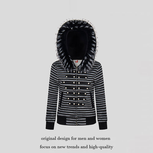 Damen Kapuzen‑Sweatjacke mit Kunstfellbesatz und militärischer Zierknopfreihe Nord Taschen