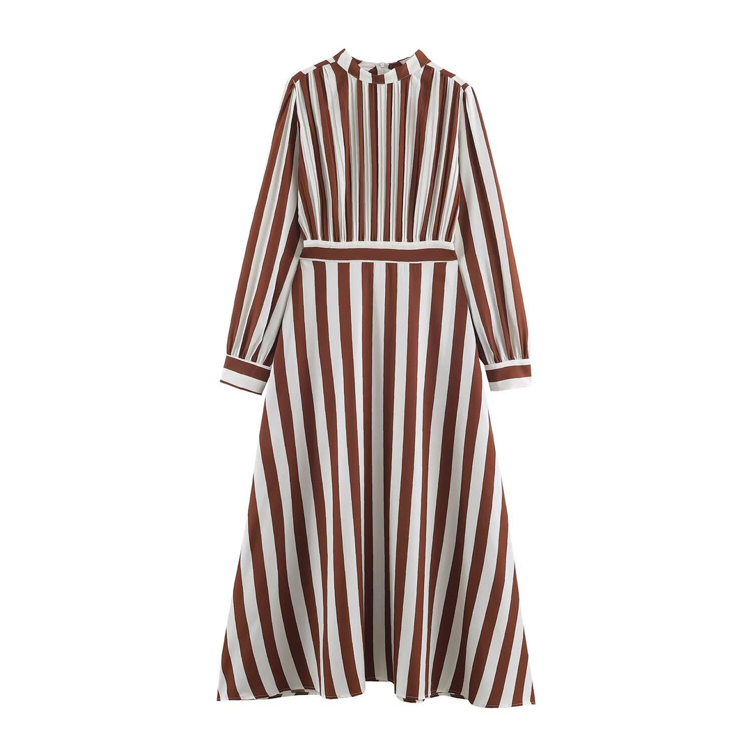 Damen Gestreiftes Midikleid mit Stehkragen, tailliertem Gürtel und ausgestelltem A-Linien-Rock Nord Taschen