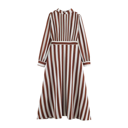 Damen Gestreiftes Midikleid mit Stehkragen, tailliertem Gürtel und ausgestelltem A-Linien-Rock Nord Taschen
