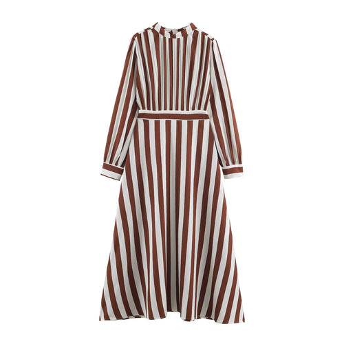 Damen Gestreiftes Midikleid mit Stehkragen, tailliertem Gürtel und ausgestelltem A-Linien-Rock Nord Taschen