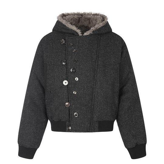 Damen Kapuzen-Bomberjacke mit Kunstfellfutter, asymmetrischer Mehrfachknopfleiste und geripptem Bund Nord Taschen