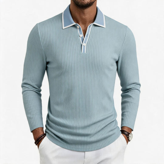Herren fein geripptes Langarm-Poloshirt aus elastischer Merino-Mixqualität mit Kontrastkanten Nord Taschen