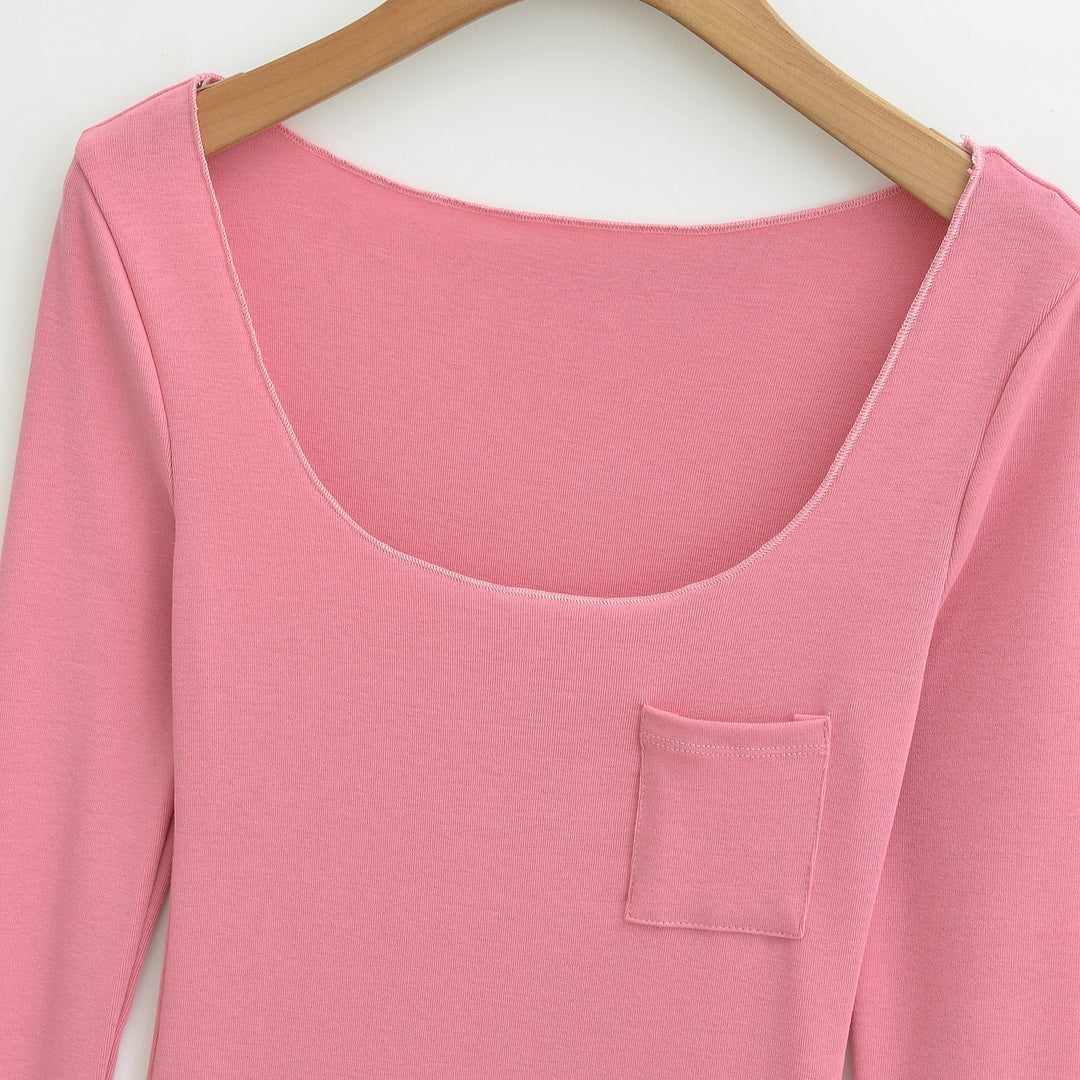 Damen Figurbetontes geripptes Langarmshirt mit weitem Quadrat-Ausschnitt und Brusttasche Nord Taschen