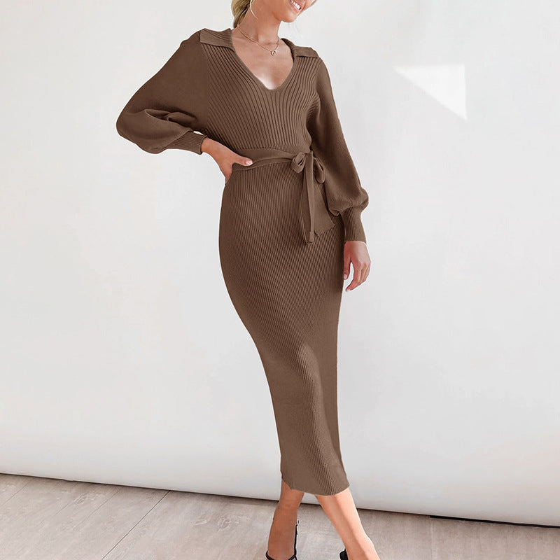 Damen Midikleid aus Rippstrick mit V‑Ausschnitt, Hemdkragen, Balloonärmeln & Bindegürtel Nord Taschen