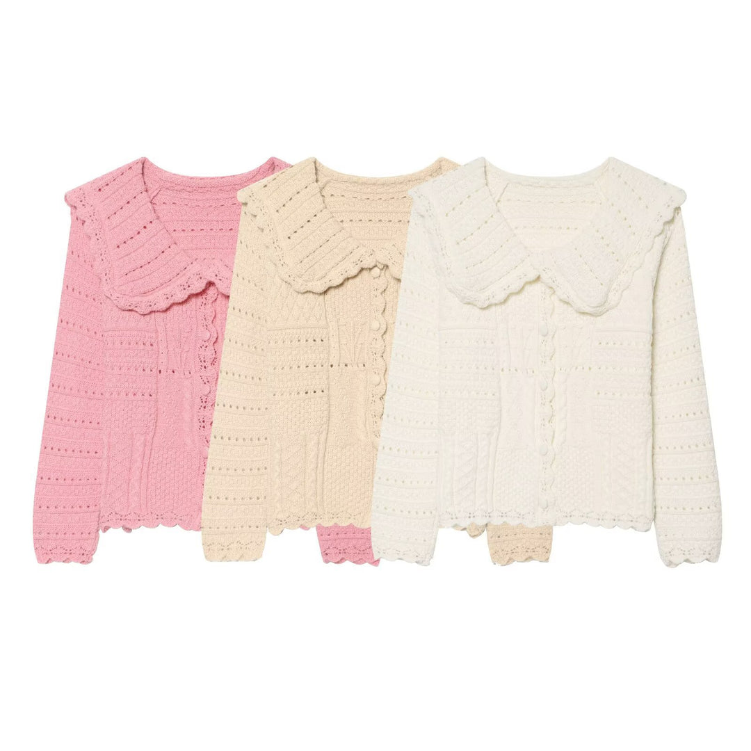 Damen Strickcardigan mit großem scallop-Kragen, Strukturmuster und Zierknopfleiste Nord Taschen