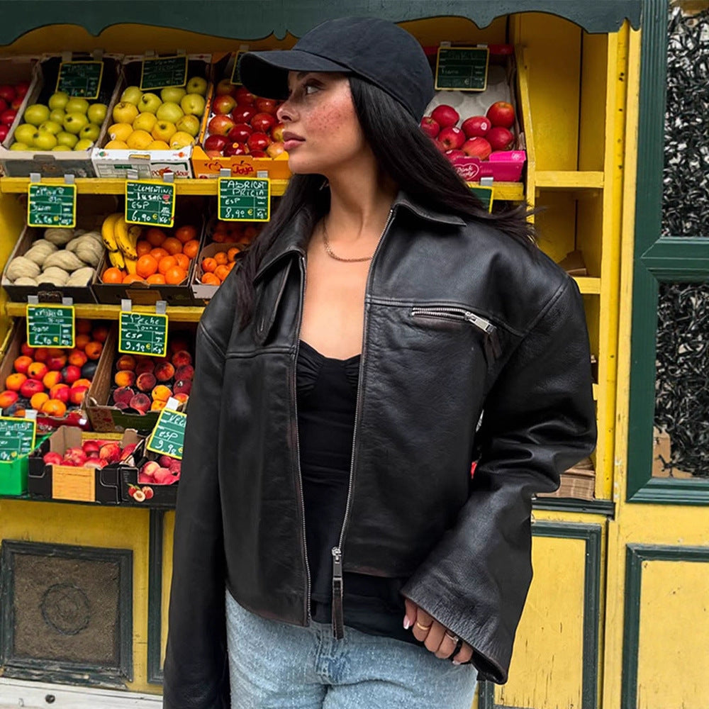 Damen Boxy-Lederimitatjacke mit zweifachem Reißverschluss und Brustzippern Nord Taschen