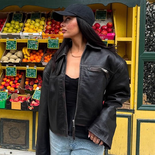Damen Boxy-Lederimitatjacke mit zweifachem Reißverschluss und Brustzippern Nord Taschen