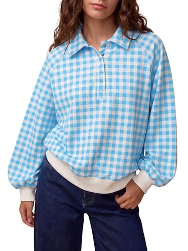 Damen Kariertes Oversize-Polo-Sweatshirt mit Ballonärmeln Nord Taschen