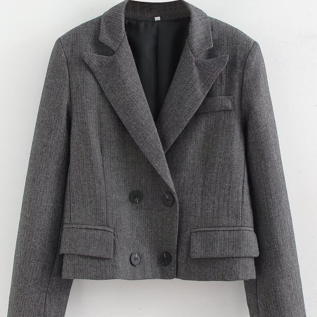 Damen Kurzgeschnittener doppelreihiger Blazer im Fischgrätmuster Nord Taschen