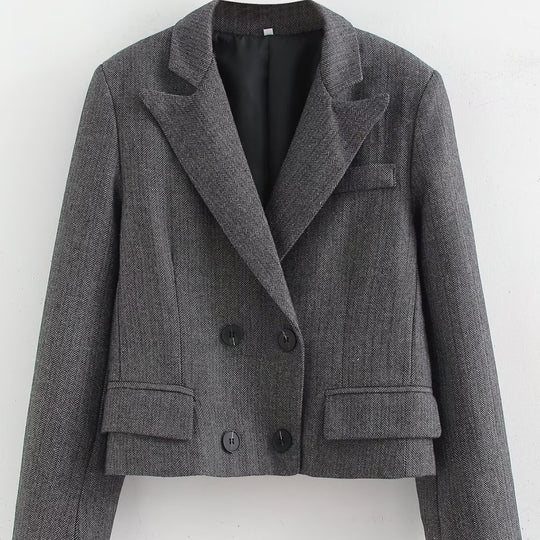 Damen Kurzgeschnittener doppelreihiger Blazer im Fischgrätmuster Nord Taschen
