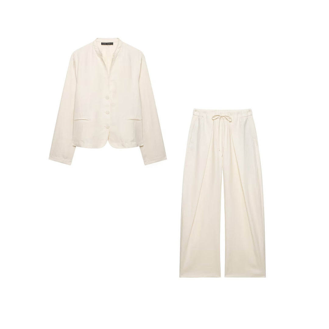 Damen Kurzblazer mit Stehkragen und weite Palazzo-Hose mit Kordelzug Nord Taschen