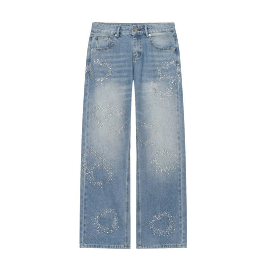 Damen Weite Highwaist-Jeans mit geradem Bein und Herz-Strassbesatz Nord Taschen