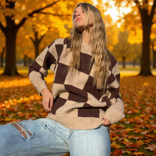 Damen Oversize-Strickpullover mit großem Karo‑Muster und geripptem Saum Nord Taschen