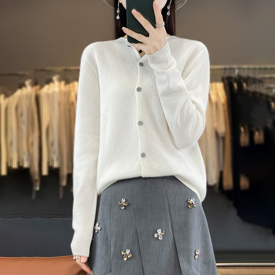 Damen Leichter Feinstrick-Cardigan mit Kaschmir‑Optik, Rundhalsausschnitt und verdeckter Knopfleiste Nord Taschen
