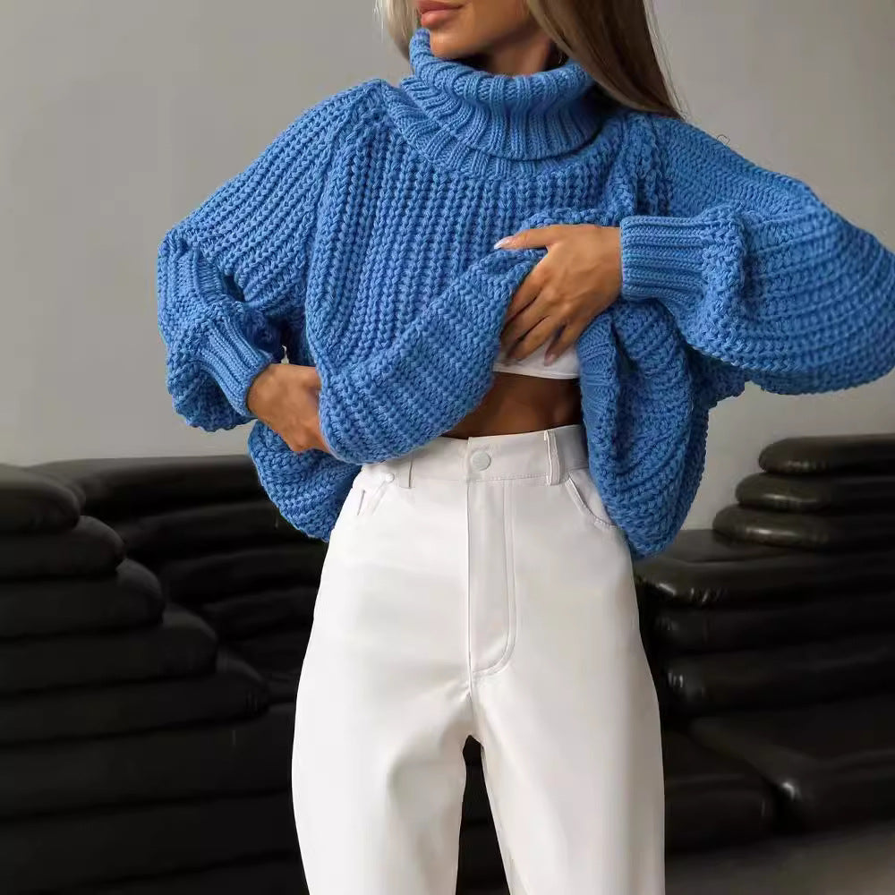Damen Oversized Grobstrick-Pullover mit Rollkragen und weitem Schnitt Nord Taschen