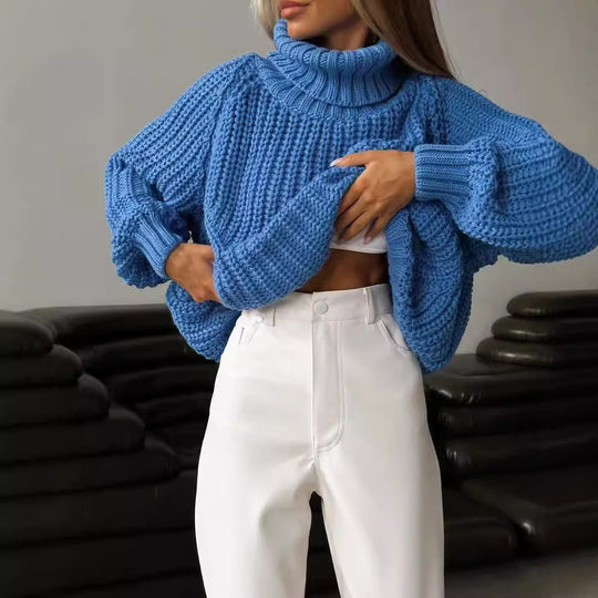 Damen Oversized Grobstrick-Pullover mit Rollkragen und weitem Schnitt Nord Taschen