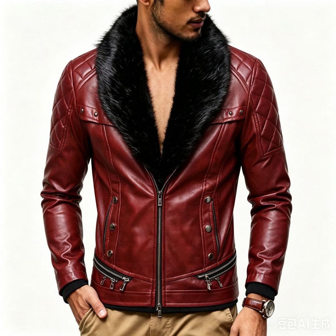 Herren Biker-Lederjacke mit gesteppter Schulter, voluminösem Fellkragen und Zierreißverschlüssen Nord Taschen