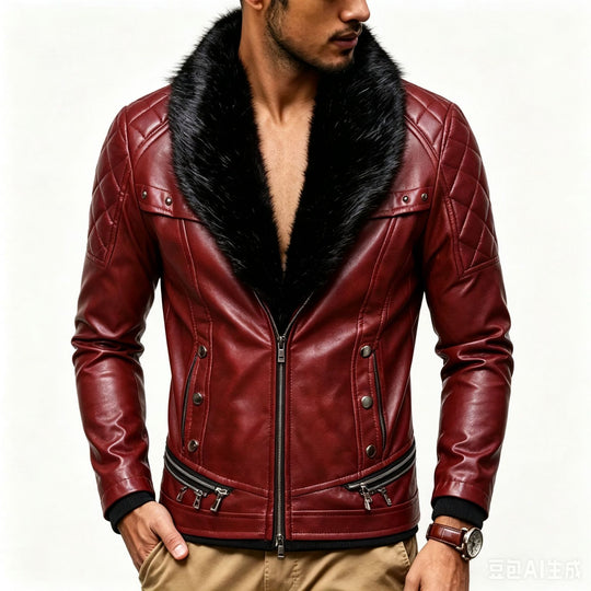 Herren Biker-Lederjacke mit gesteppter Schulter, voluminösem Fellkragen und Zierreißverschlüssen Nord Taschen