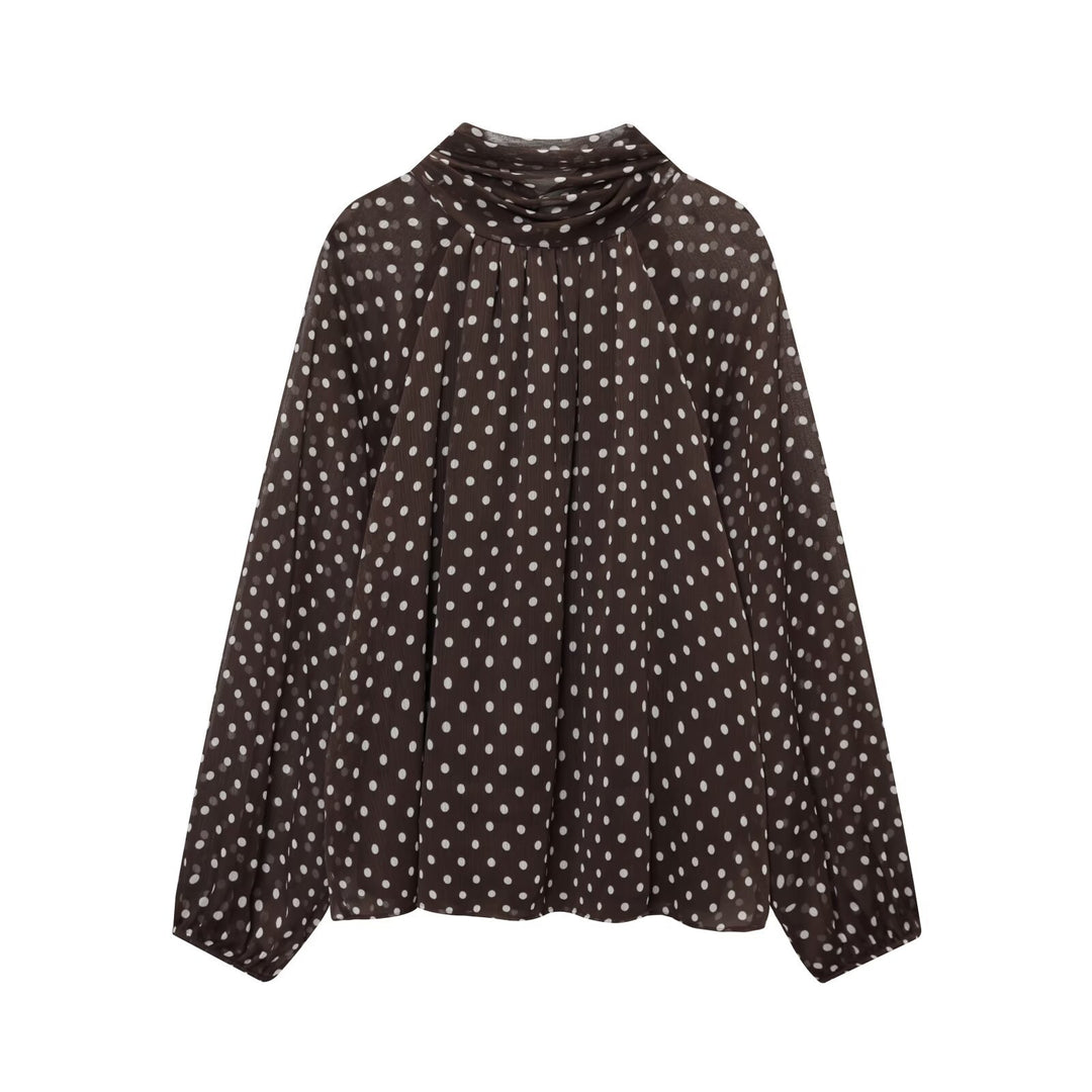 Damen Luftige Chiffon-Bluse mit Polka-Dots, Drapiertem Schlauchkragen und Ballonärmeln Nord Taschen