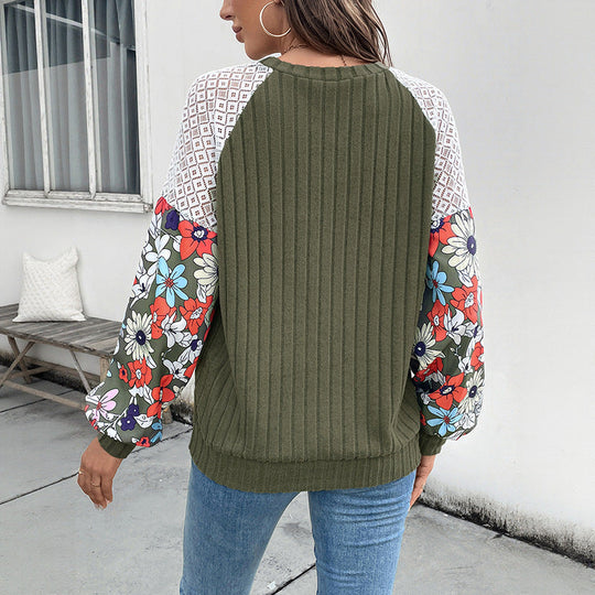 Damen Gerippter Pullover mit Häkel‑Schultereinsatz und floralen Ballonärmeln Nord Taschen