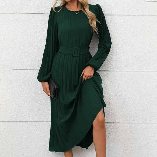Damen Plissiertes Midikleid mit Taillengürtel, langen Puffärmeln und seitlichem Schlitz Nord Taschen