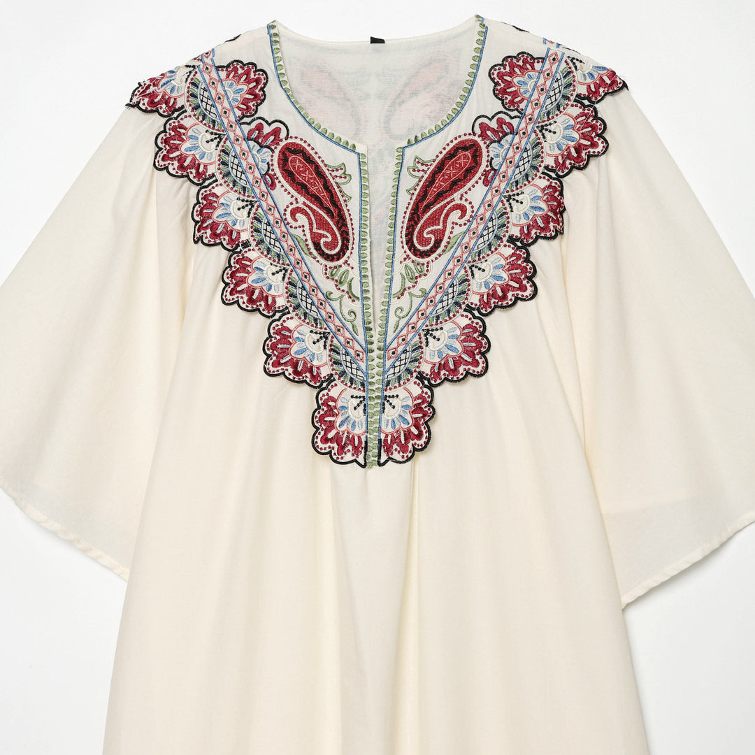 Damen Besticktes Kaftankleid mit V-Ausschnitt und weiten Fledermausärmeln Nord Taschen