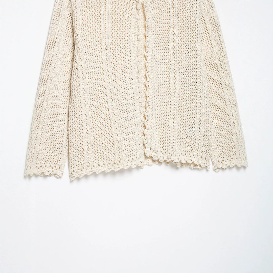 Damen Leichter Häkel-Cardigan mit Lochmuster, Scallop-Saum und kastiger Silhouette Nord Taschen