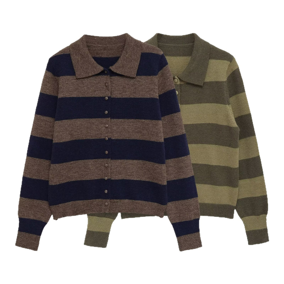 Damen Gestreifte Strickjacke mit Polokragen, Knopfleiste und kurzem Boxy‑Schnitt Nord Taschen