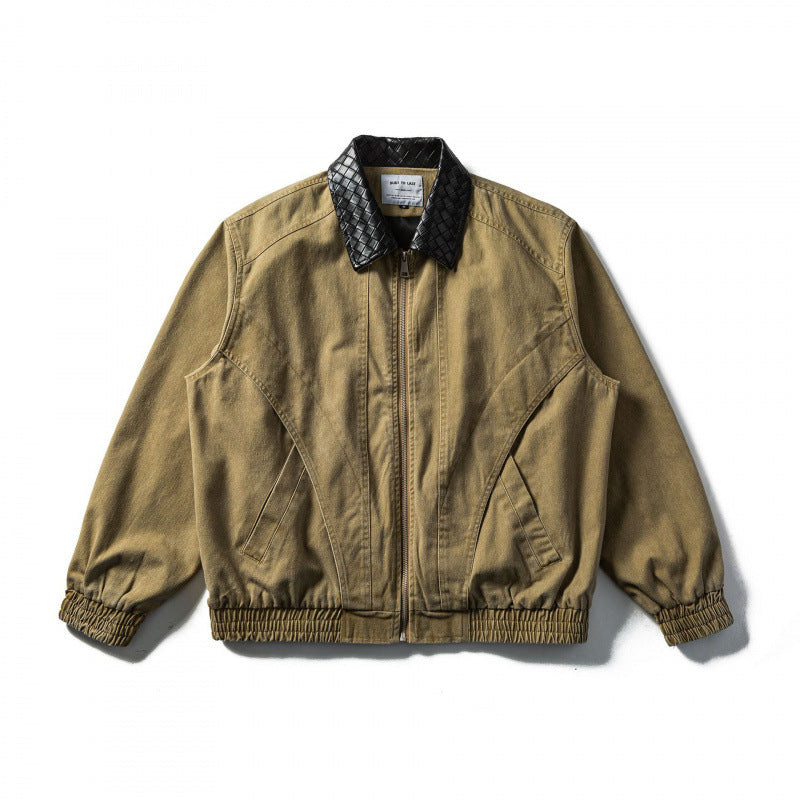 Herren Kastige Denim-Blousonjacke mit gesteppter Lederkragen und Elastikbund Nord Taschen