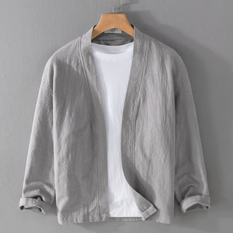 Herren Offene Leinen-Overjacket mit Kimono-Kragen und Relaxed-Fit Nord Taschen