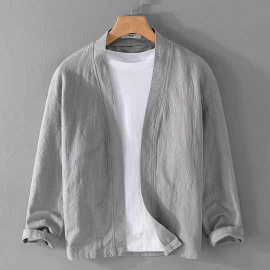 Herren Offene Leinen-Overjacket mit Kimono-Kragen und Relaxed-Fit Nord Taschen