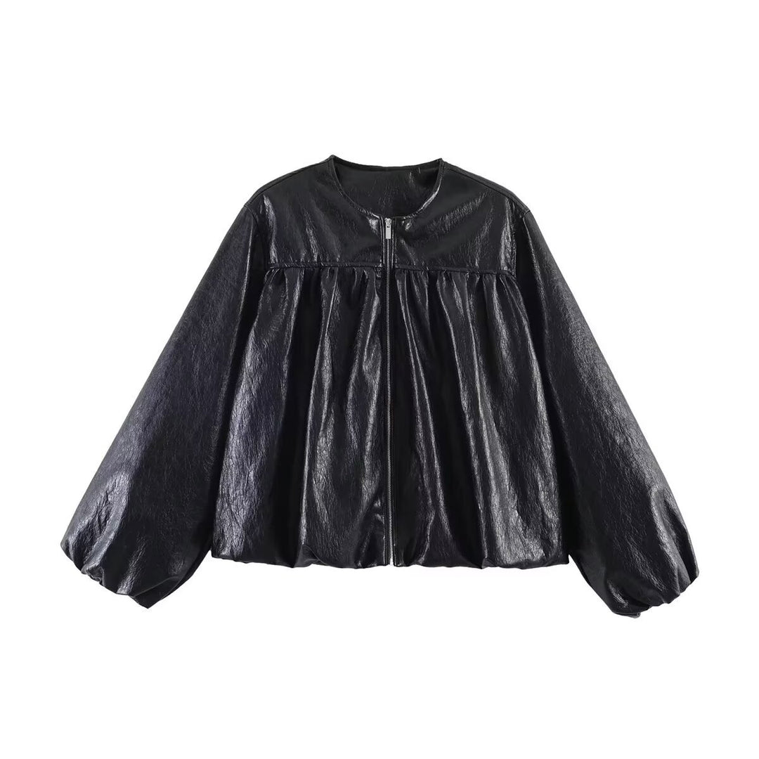 Damen Kurzjacke mit geraffter Passe, Ballonärmeln und Reißverschluss Nord Taschen