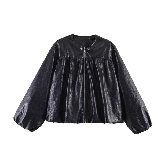 Damen Kurzjacke mit geraffter Passe, Ballonärmeln und Reißverschluss Nord Taschen