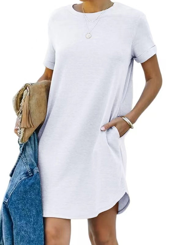 Damen lässiges Freizeitkleid mit Taschen und Rundhalsausschnitt