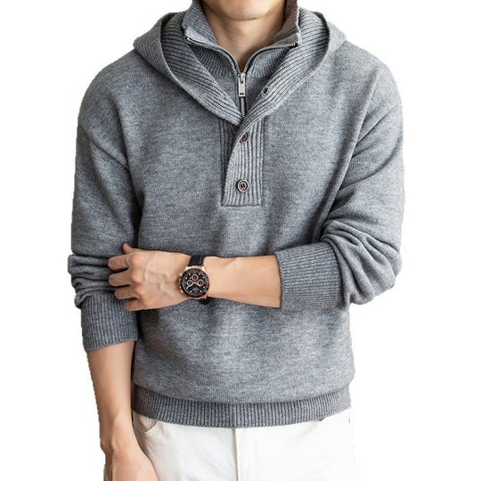 Herren Feinstrick-Kapuzenpullover mit halbem Reißverschluss und Knopfblende Nord Taschen